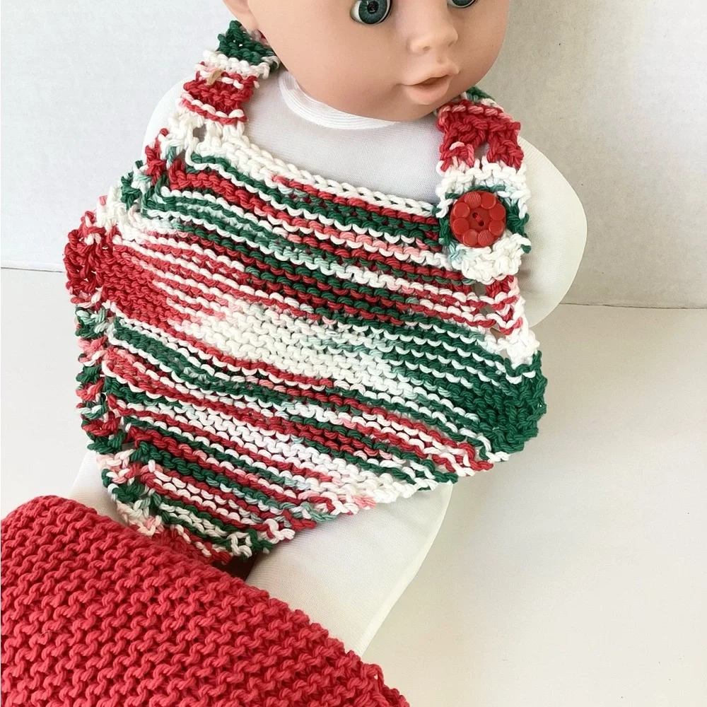 Bib Sets  Baby Washcloth Hand Crafted Red Green White  Cotton Holiday Christmas